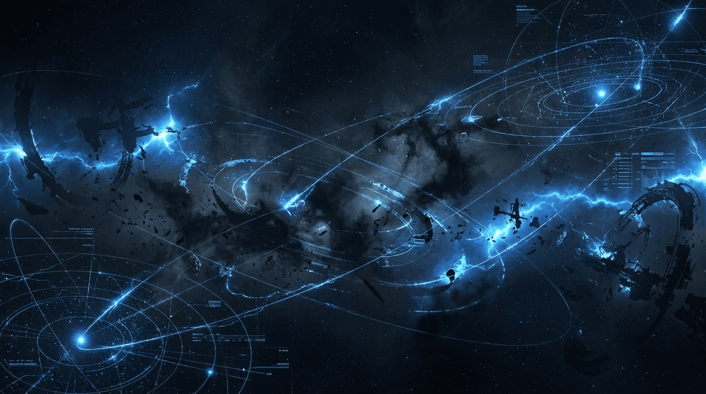 Vast deep-space starfield with orbital traces and civilization-scale trajectories